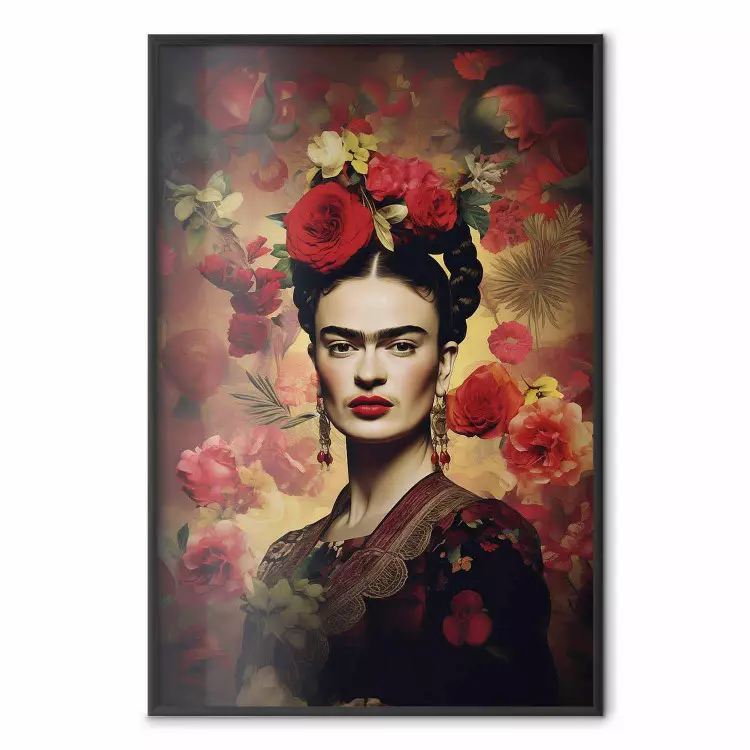 Portrait With Roses - Frida Kahlo on a Brown Background Full of Flowers