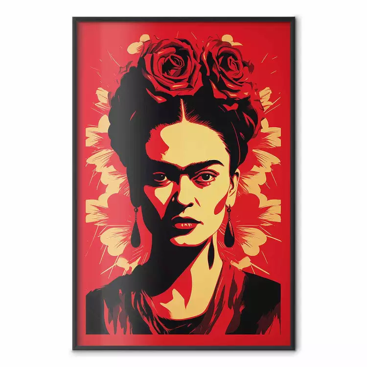 Portrait of Frida - A Poster-Like Representation of the Painter on a Red Background