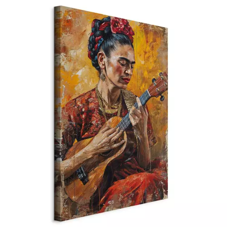 Frida Kahlo - Porträt einer Ukulele spielenden Frau in Brauntönen