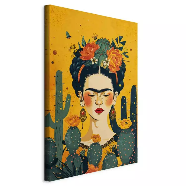 Frida mit Kakteen - Porträt der Malerin auf orangefarbenem Hintergrund