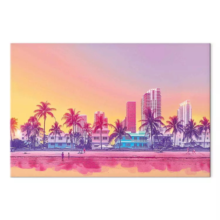 Neon-Strand - bunte Gebäude und Palmen bei Sonnenuntergang
