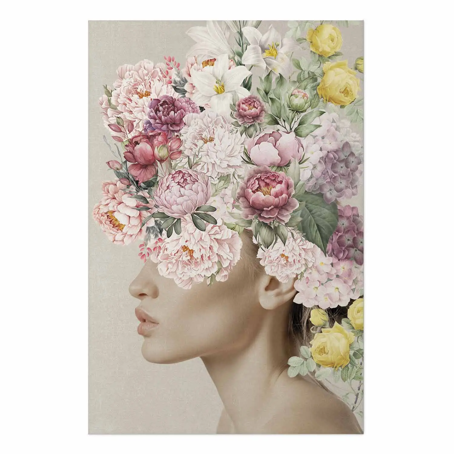 Poster Blumenkopf - künstlerische Komposition des weiblichen Profils mit Blumen - Poster