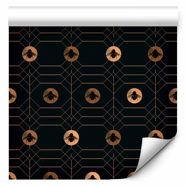 Dunkle Sechsecke - Goldene Bienen auf schwarzem Hintergrund mit geometrischem Muster
