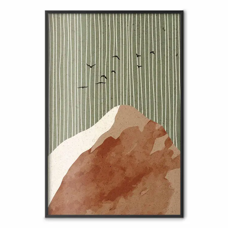Flug am grünen Himmel - Abstrakter Berg mit vertikalen Linien und Vögeln