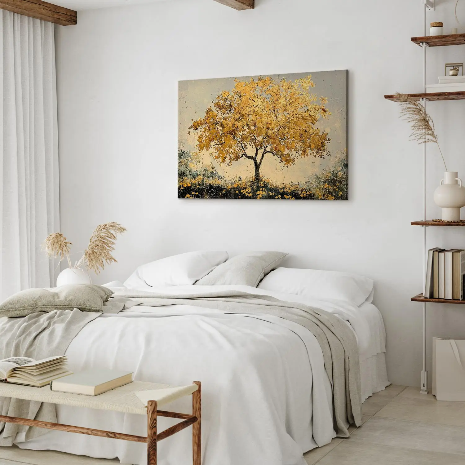 Leinwandbild-Set 'Großer Herbstgelber Baum' – 5-teilig, Retro-Design In Schwarz-Weiß Mit Gelb