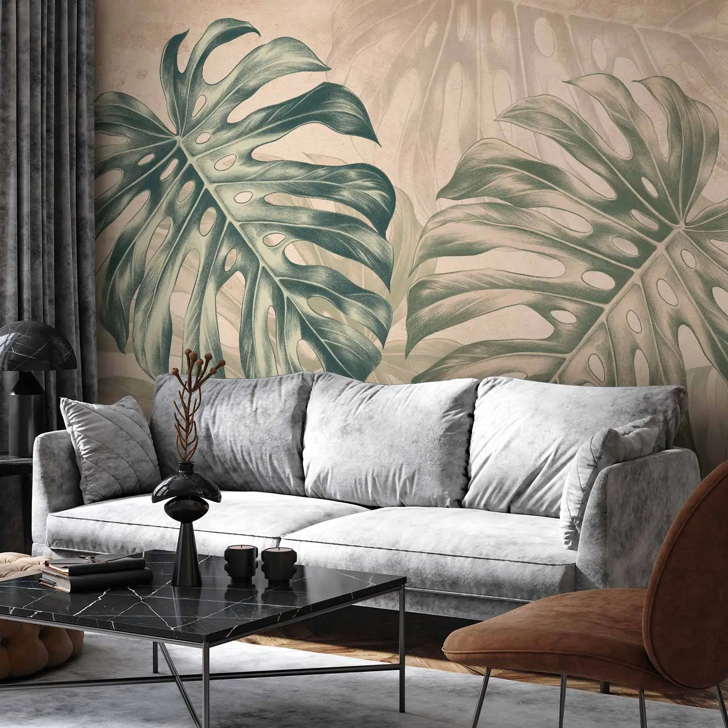 Fototapete Groe Bltter - Monstera in Beige- und Grntnen auf gewischtem  Hintergrund - Monstera - bimago