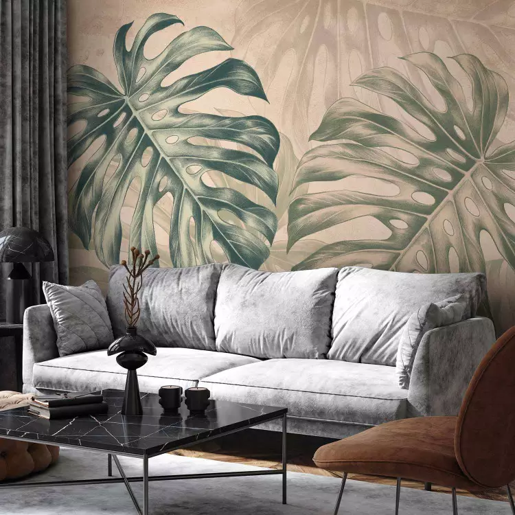Large leaves - monstera in shades of beige and green on a distressed background