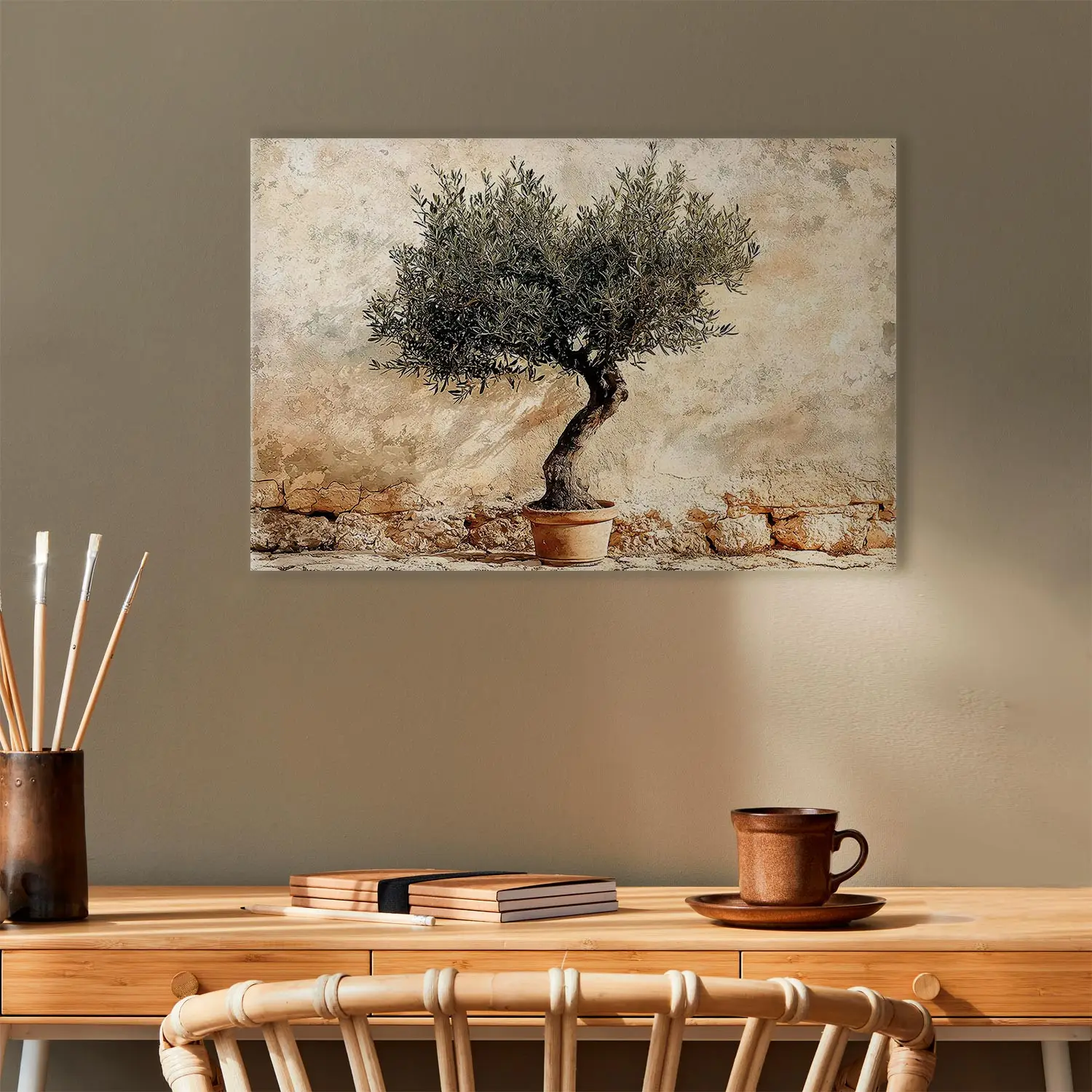 Leinwandbilder Olivenbaum im Topf - Mediterraner Baum auf rustikalem  Hintergrund - Boho - bimago