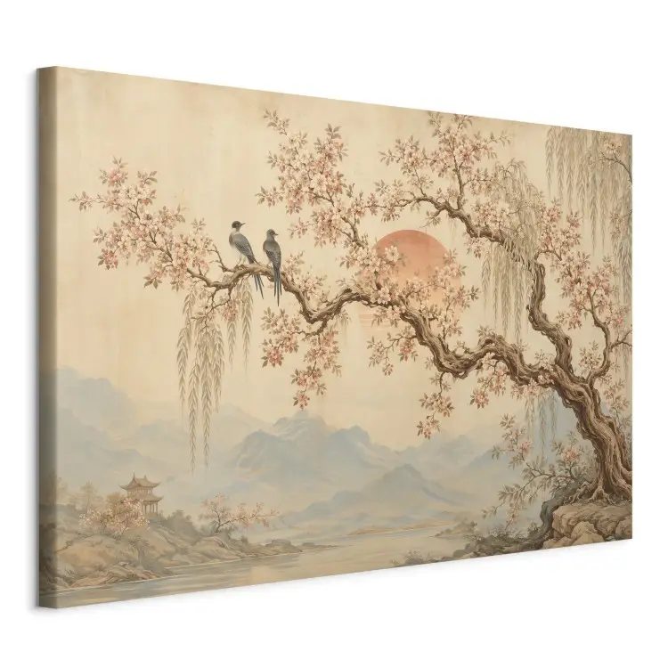 Kirschbaum – Japanische Landschaft, Vögel auf einem Ast, rote Sonne