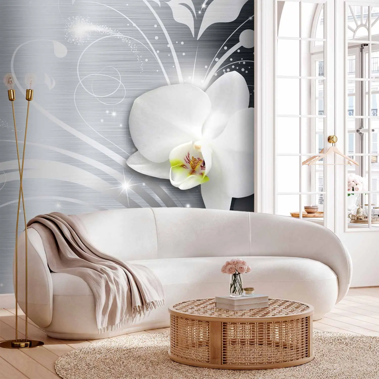 Fototapete gnstig Orchidee auf Stahl - Abstrakte weie Blumen stahlartiger  Hintergrund - Orchideen - bimago