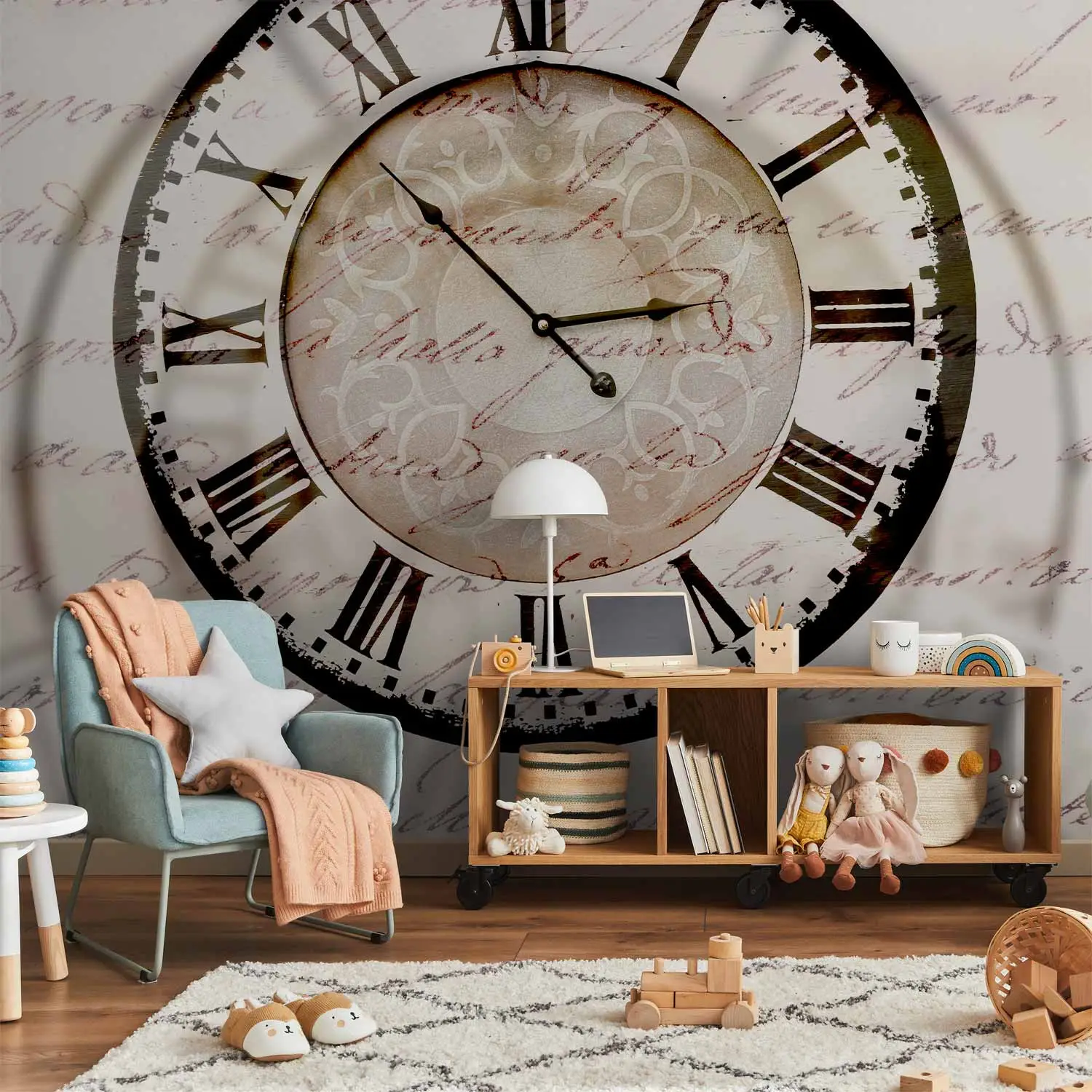 Vlies fototapete Fließende Zeit - Große Uhr mit Schatten auf Beige mit Schrift - Text