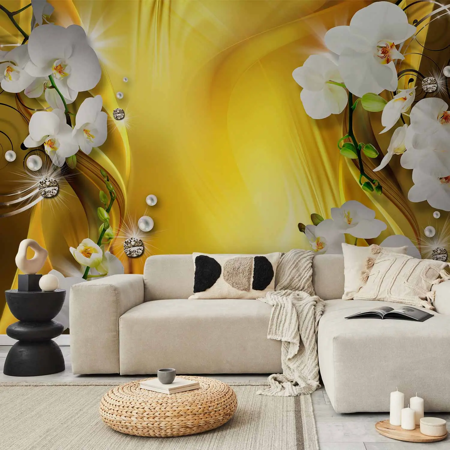 Fototapete Orchidee in Gold - weie Blumen mit Diamanten auf goldenem  Hintergrund - Orchideen - bimago