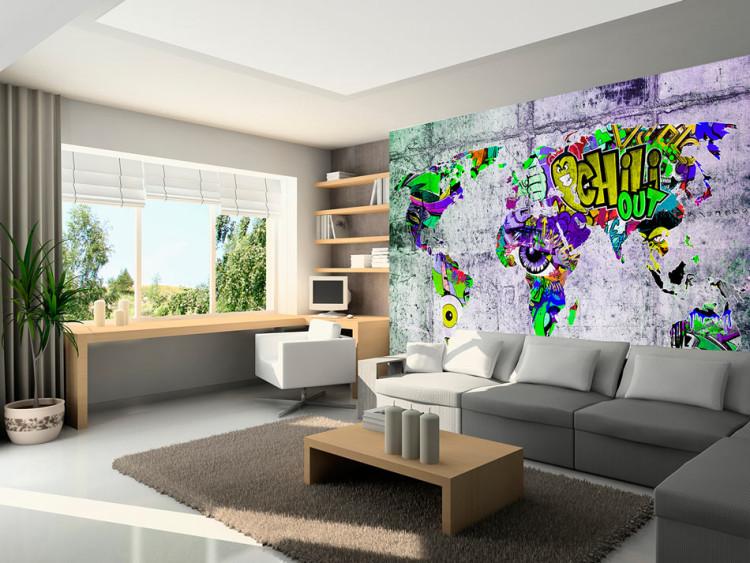 Fototapete Welt des Graffiti - bunte Weltkarte auf Betonhintergrund für Teenager
