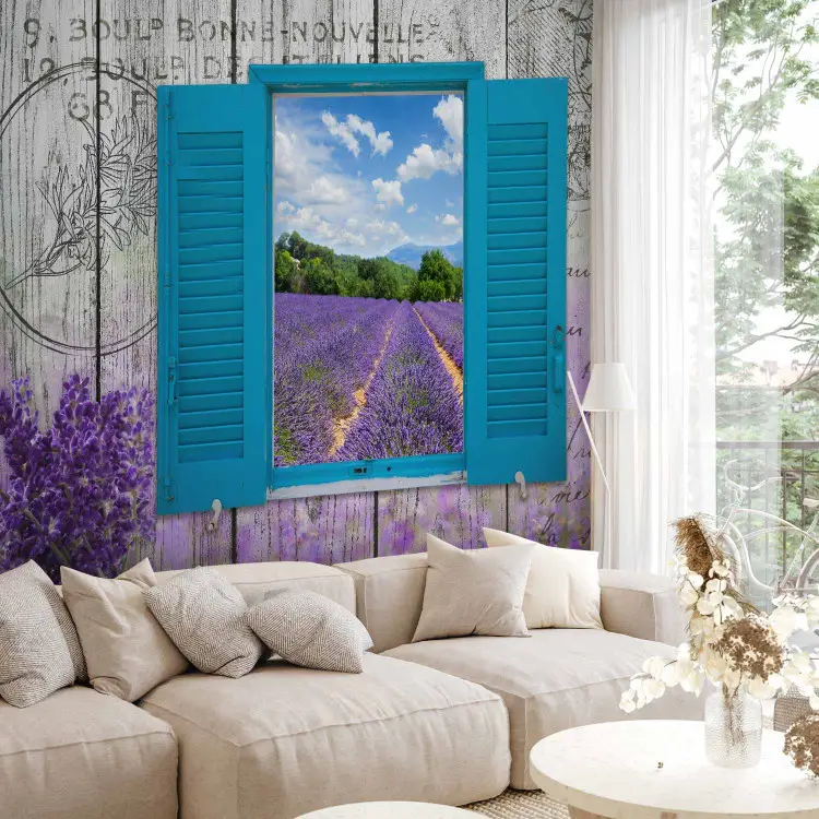 Postkarte aus der Provence - Provenzalische Retro-Motive, ein Fenster mit Blick auf ein Lavendelfeld