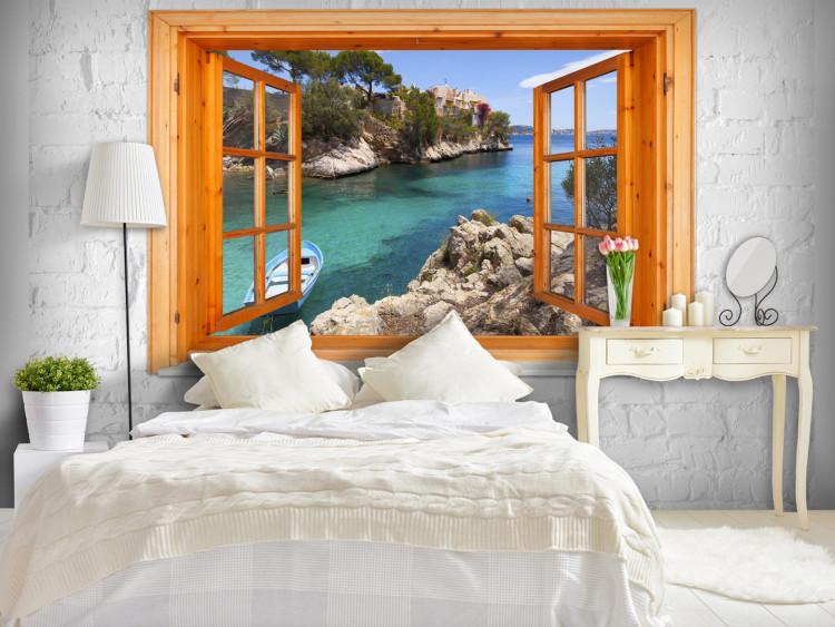 Fototapete Fensterblick - Blick aufs Meer und Inseln mit rauem Holzrahmen