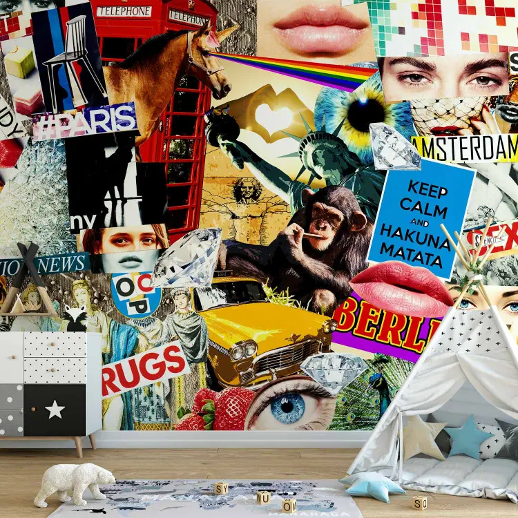 Street Art - bunte Collage mit englischen Schriftzügen und Figuren