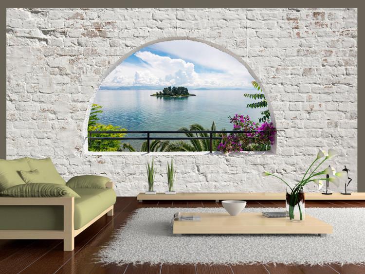 Fototapete Fensterblick - Landschaft mit einsamer Insel umgeben von Mauer