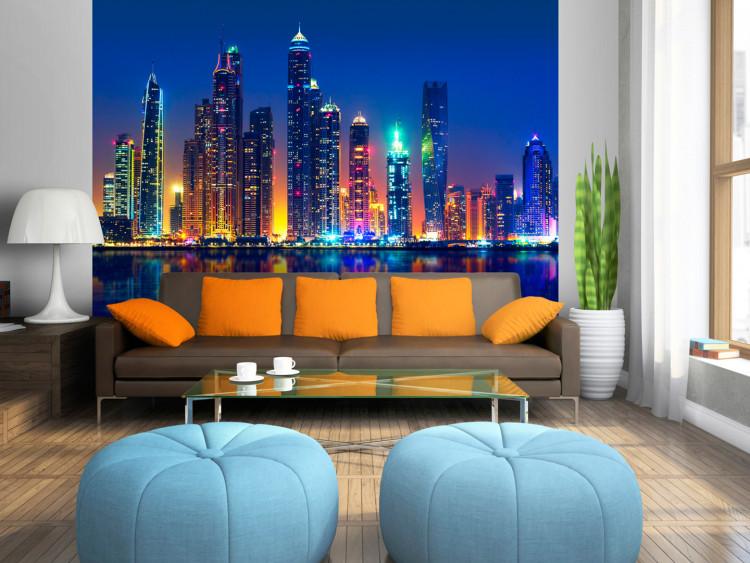 Fototapete Blaue Nächte in Dubai - Panorama mit Wolkenkratzern und Spiegelung