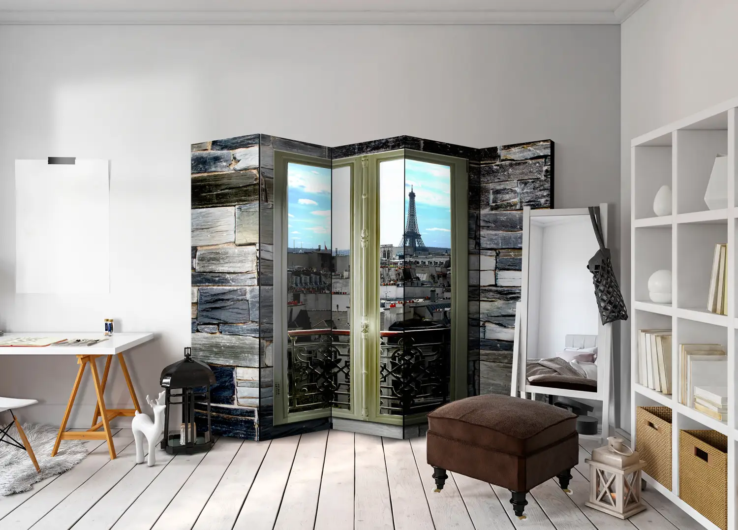 Paravent Pariser Ansichten II - Steinstruktur mit Fenster, Stadtblick - Paravents