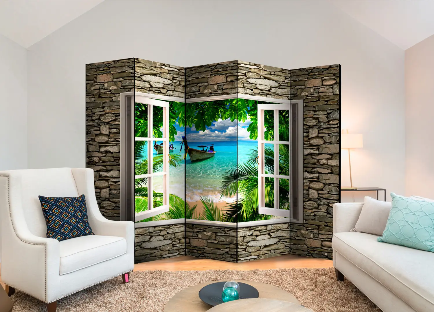 Trennwand Tropischer Strand II - Steinstruktur mit Fenster, Meerblick - Paravents