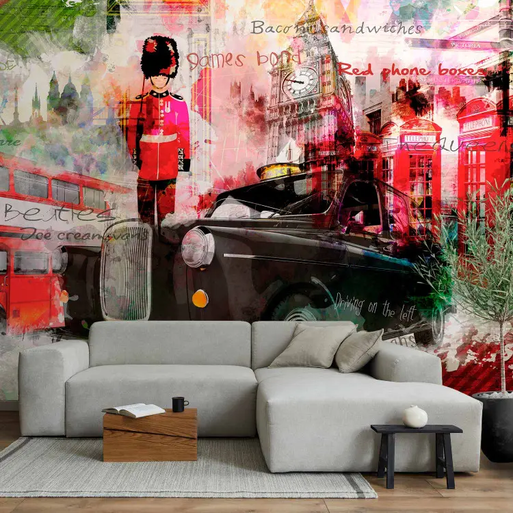 London Großbritannien - Collage aus Stadtbauwerken und Verkehrsmitteln