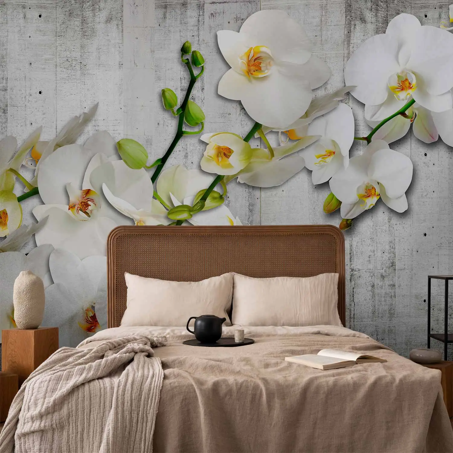 Fototapete gnstig Weie Orchidee mit orangefarbenem Akzent - Blumenmotiv  auf Grau - Orchideen - bimago