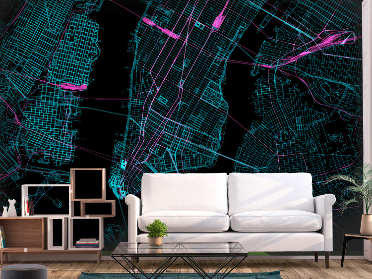 Vlies Fototapete Manhattan-Stadtplan - ein Stadtplan des New Yorker Bezirks auf schwarzem Hintergrund 131610
