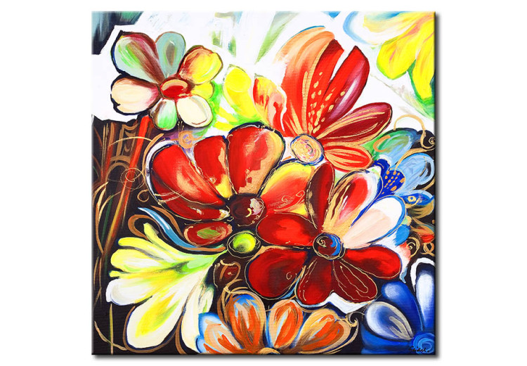 Leinwandbild Farbenfrohe Blumen (1-teilig) - fantasievolle Wiese in saftigen Farben 48620