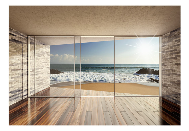 Vlies Fototapete Fenster mit Aussicht - sandiger Strand mit Felsen und Sonne am Himmel 64120 additionalImage 1