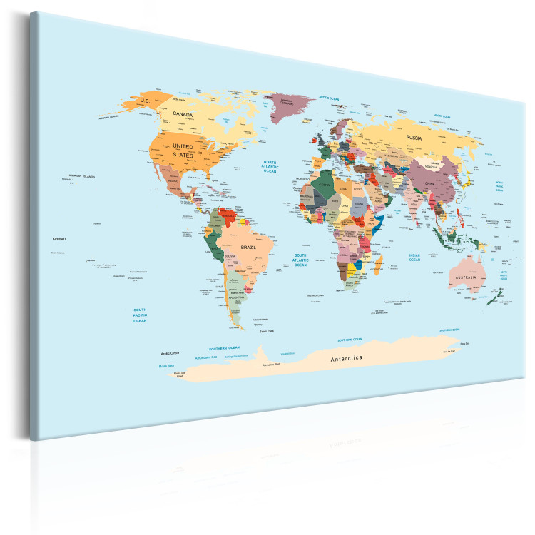 Leinwandbilder Die Weltkarte auf einem Wandbilder bunte mit Grafiken Weltkarten - Blick - Städten Ländern und 