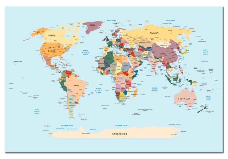Leinwandbilder Die Weltkarte auf einem Blick - bunte Grafiken mit Ländern  und Städten - Weltkarten - Wandbilder