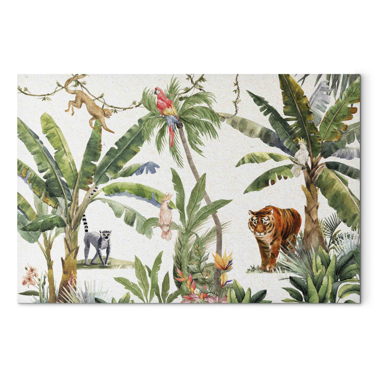 Bild auf Leinwand Exotic Landscape - Jungle With Animals and Exotic Birds 151250