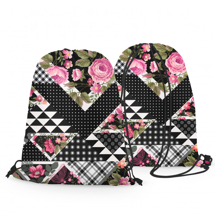 Sportbeutel Floral patchwork - geometric, black and white cutout with flowers 147370 additionalImage 3