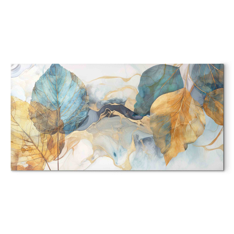 Wandbild A Breath of Autumn - Yellow and Blue Leaves on an Abstract Background 151280