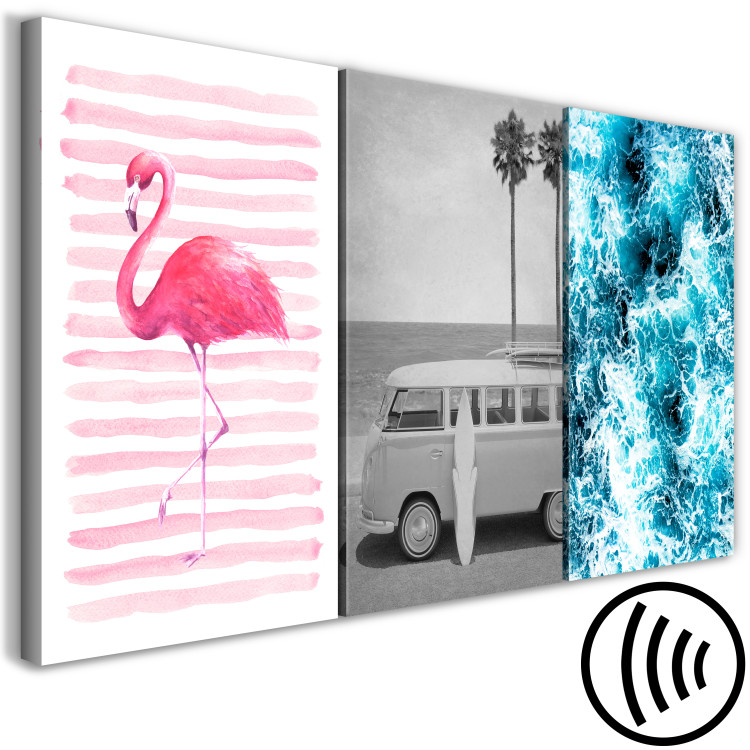 Leinwandbild Miami-Symbole - Flamingo, altes Auto - Van, Surfbrett und Ozean 117101 additionalImage 6