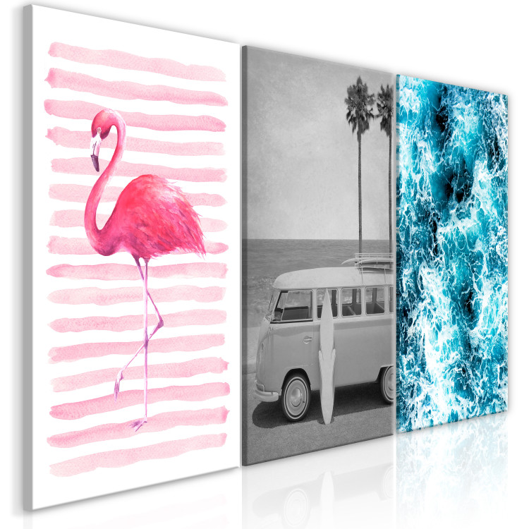 Leinwandbild Miami-Symbole - Flamingo, altes Auto - Van, Surfbrett und Ozean 117101 additionalImage 2