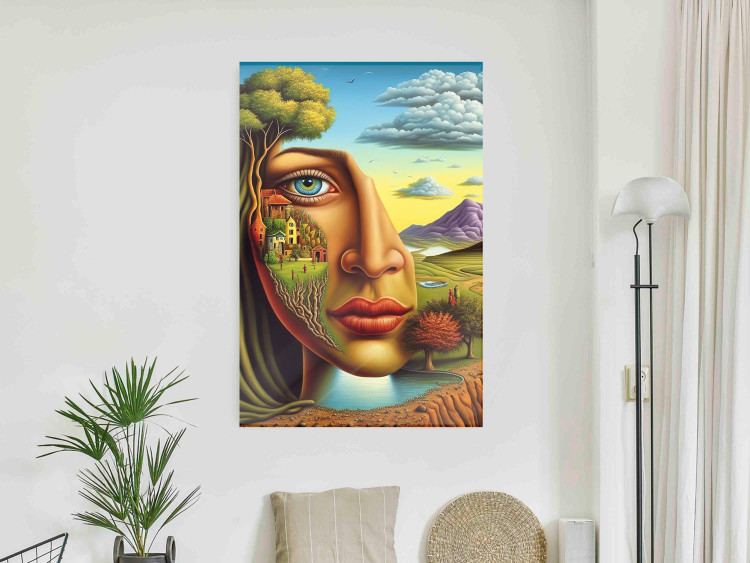 Poster Abstract Face - Portrait of a Woman Against the Background of Mountains and a Small Town 151151 additionalImage 8