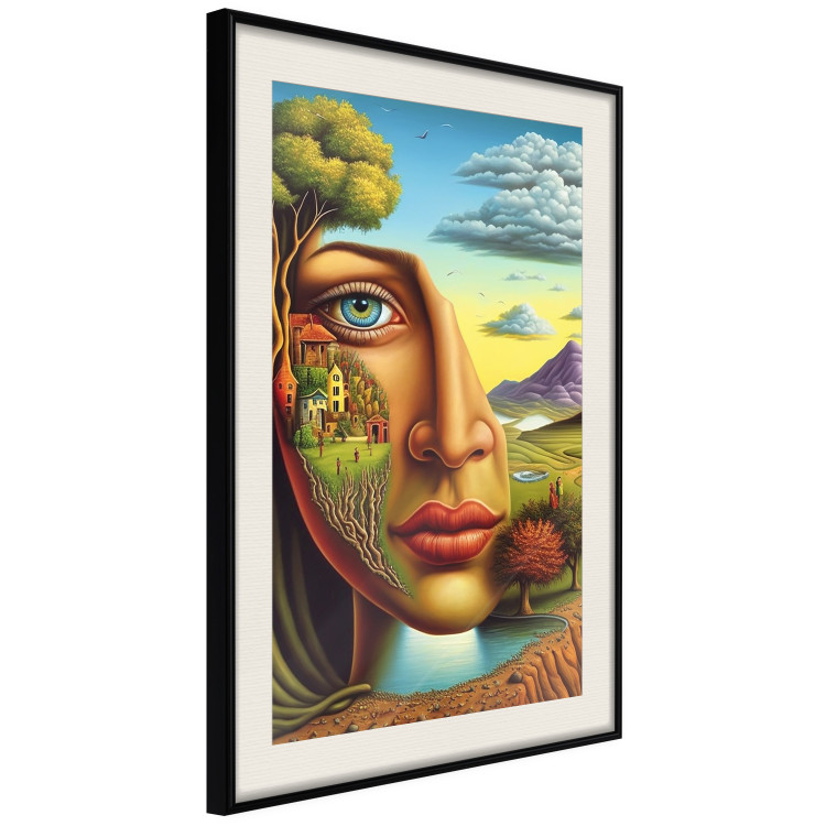 Poster Abstract Face - Portrait of a Woman Against the Background of Mountains and a Small Town 151151 additionalImage 23