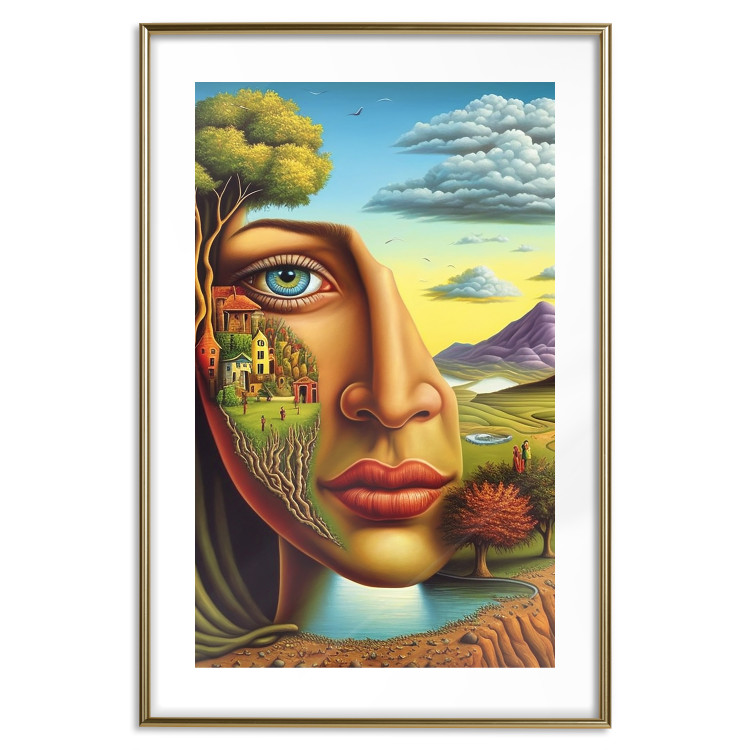 Poster Abstract Face - Portrait of a Woman Against the Background of Mountains and a Small Town 151151 additionalImage 13
