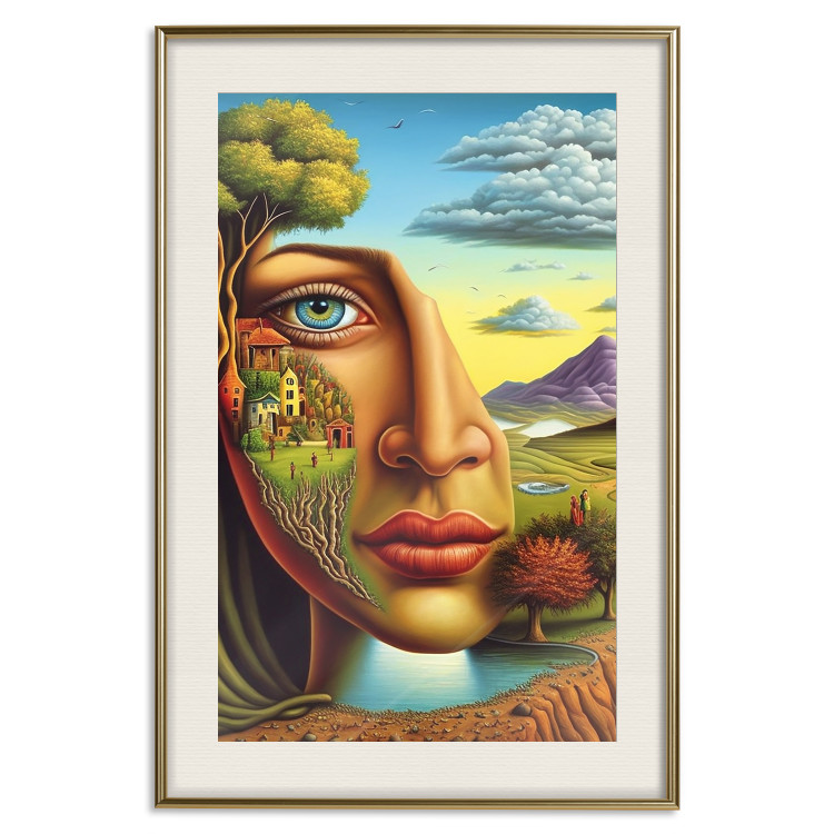 Poster Abstract Face - Portrait of a Woman Against the Background of Mountains and a Small Town 151151 additionalImage 25