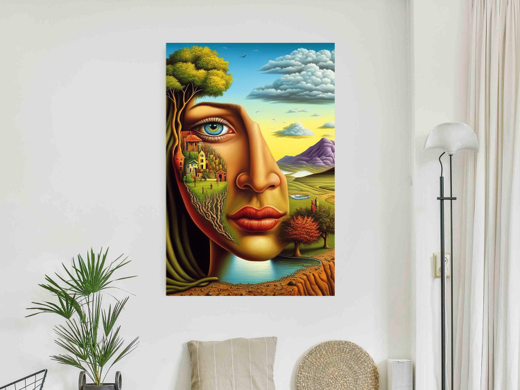 Poster Abstract Face - Portrait of a Woman Against the Background of Mountains and a Small Town 151151 additionalImage 11