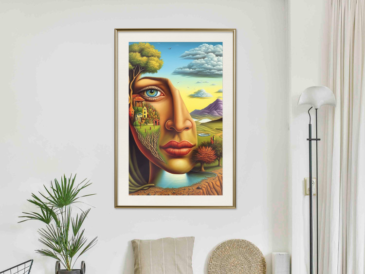 Poster Abstract Face - Portrait of a Woman Against the Background of Mountains and a Small Town 151151 additionalImage 24