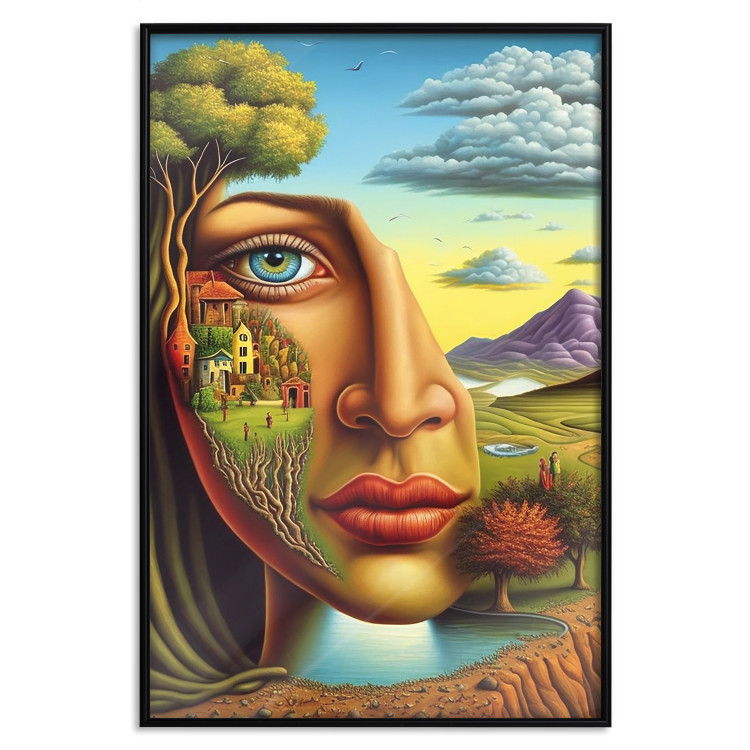 Poster Abstract Face - Portrait of a Woman Against the Background of Mountains and a Small Town 151151 additionalImage 21