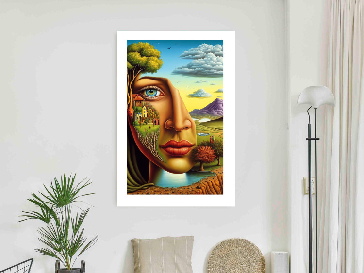 Poster Abstract Face - Portrait of a Woman Against the Background of Mountains and a Small Town 151151 additionalImage 3