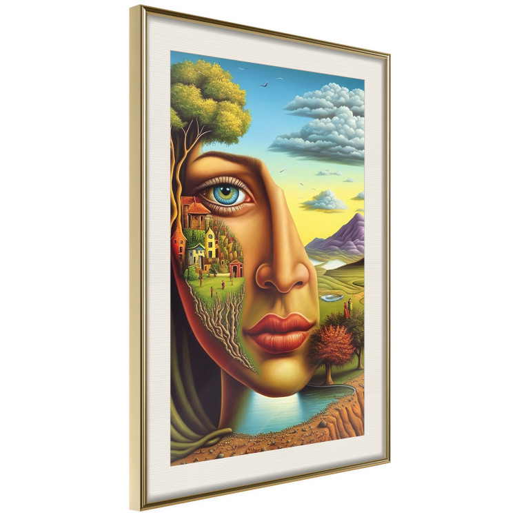 Poster Abstract Face - Portrait of a Woman Against the Background of Mountains and a Small Town 151151 additionalImage 26