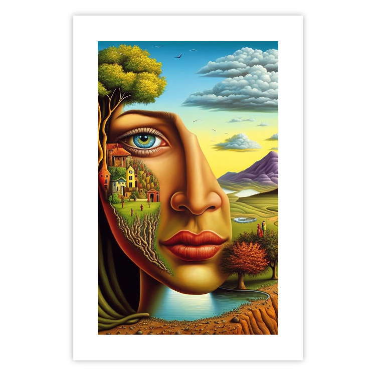 Poster Abstract Face - Portrait of a Woman Against the Background of Mountains and a Small Town 151151 additionalImage 20