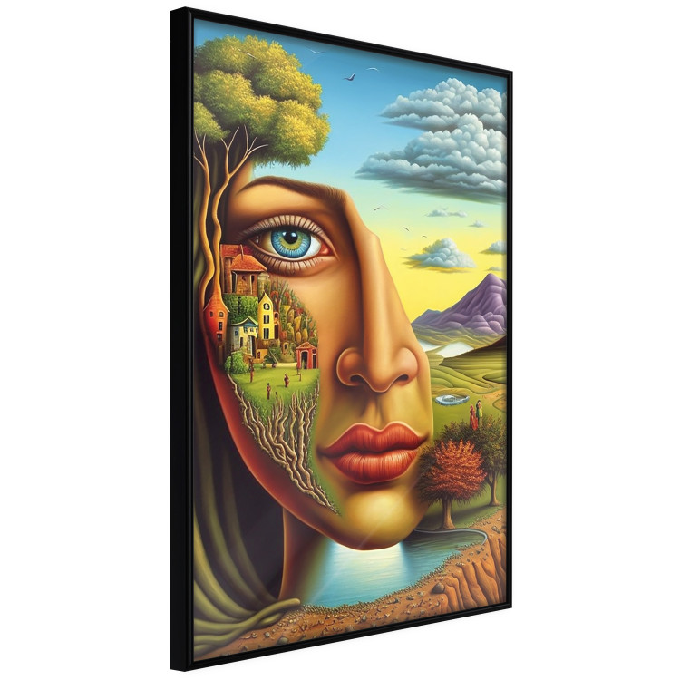 Poster Abstract Face - Portrait of a Woman Against the Background of Mountains and a Small Town 151151 additionalImage 10