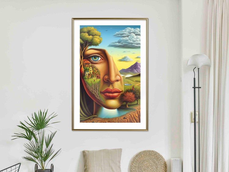 Poster Abstract Face - Portrait of a Woman Against the Background of Mountains and a Small Town 151151 additionalImage 17