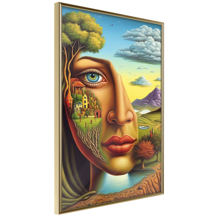 Poster Abstract Face - Portrait of a Woman Against the Background of Mountains and a Small Town 151151 additionalImage 22