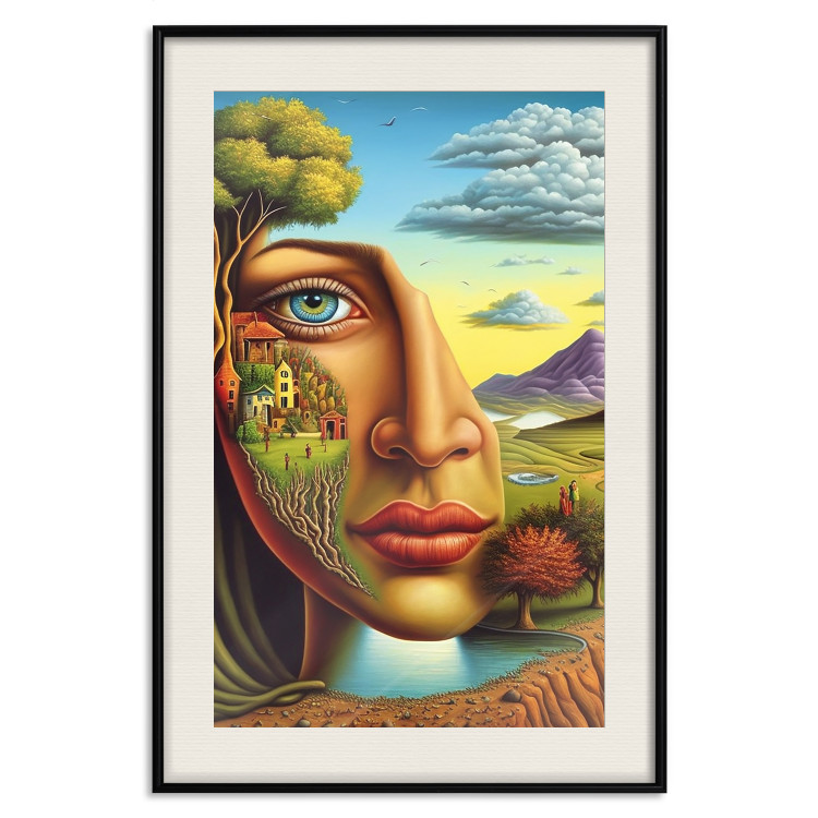 Poster Abstract Face - Portrait of a Woman Against the Background of Mountains and a Small Town 151151 additionalImage 15